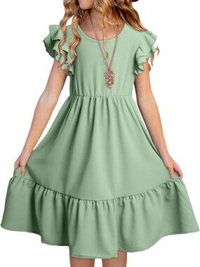 Girls Summer Dress, Ruffle Sleeve, Chiffon Dress, Size 10-11 Years